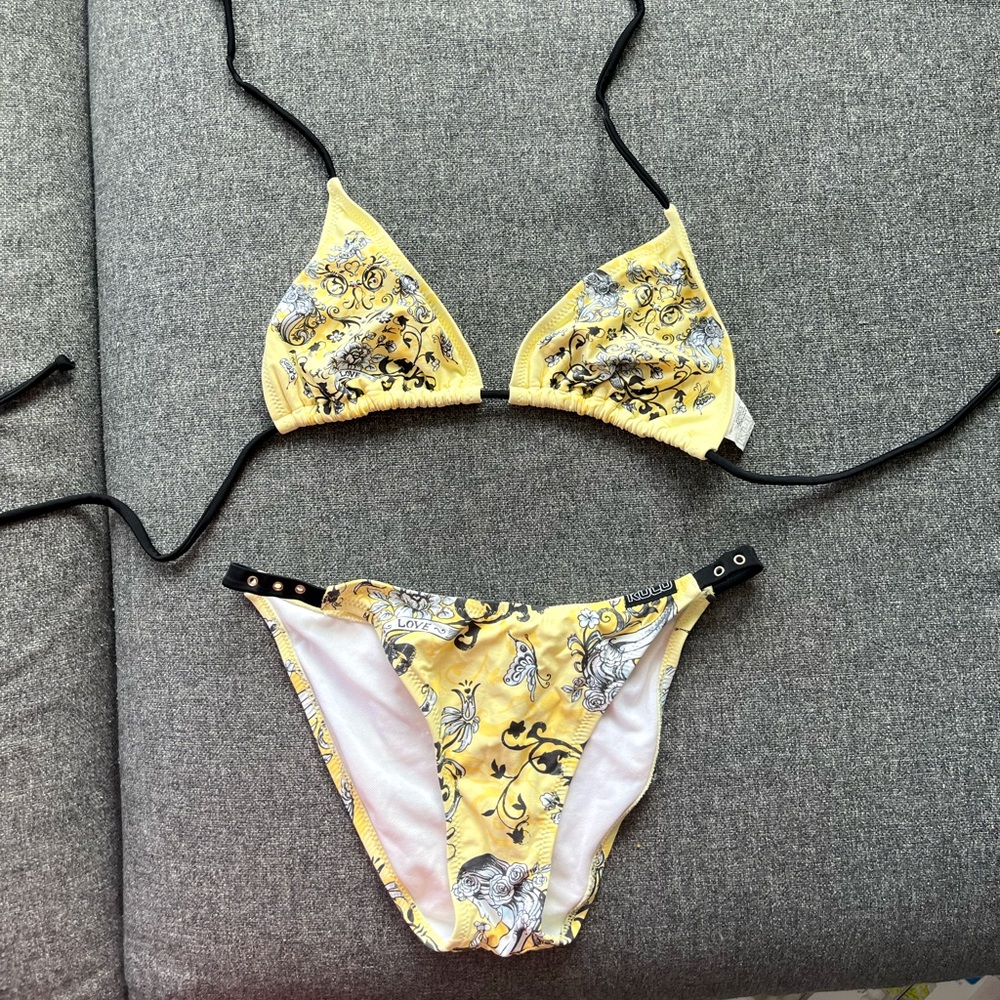 KULU yellow black and white bikini with some metal stud detail size L
